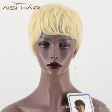 Aisi Hair Wholesale Price Short Pixie Cut Blonde Hair Wigs With Bangs Top Quality Heat Resistant Synthetic Wigs For Black Women